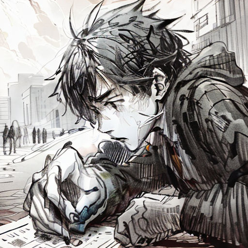 a man sitting on a bench in a city street with his hand on his face and a newspaper in his other hand