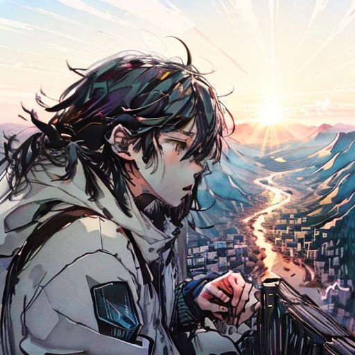 a man standing on top of a mountain next to a forest filled with trees and a river under a bright sun