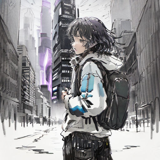 a woman standing in the middle of a city street with a backpack on her back and a cityscape in the background