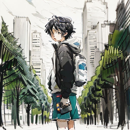 a person standing in the middle of a street with a backpack on their back and a city in the background
