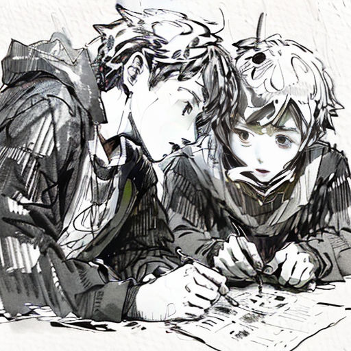 a drawing of two people sitting at a table with papers and pens in their hands, looking at a book