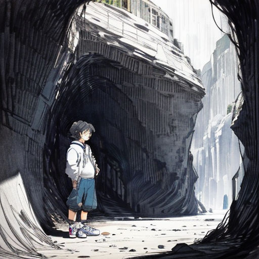 a boy standing in a tunnel with a backpack on his back and a backpack on his shoulder, looking at something