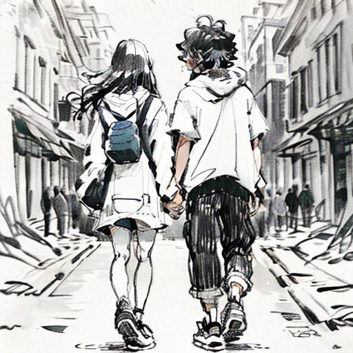 two people walking down a street holding hands and looking at each other with buildings in the background and a person with a backpack on