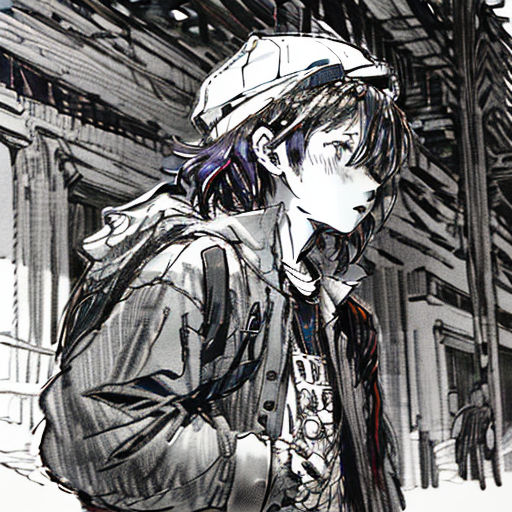 a drawing of a man with a hat and jacket on standing in front of a building with a clock