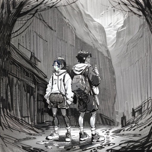 a couple of people standing in the middle of a street next to a mountain range with a sky background