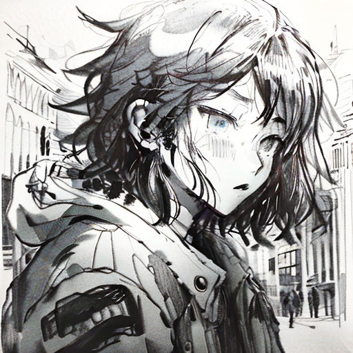 a drawing of a woman with long hair and a coat on a city street with buildings in the background