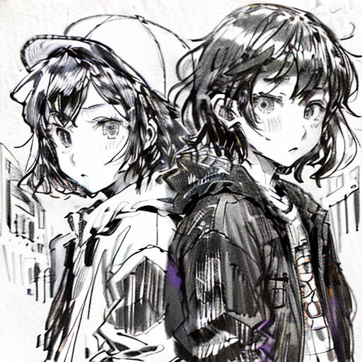 a drawing of two people standing next to each other in front of a building with a clock on it