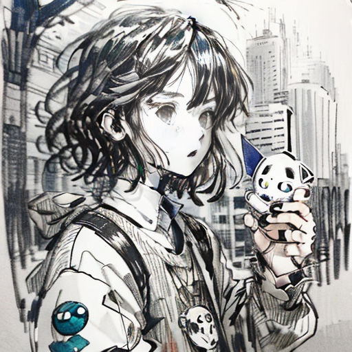 a drawing of a girl holding a toy in her hand and looking at it with a city in the background