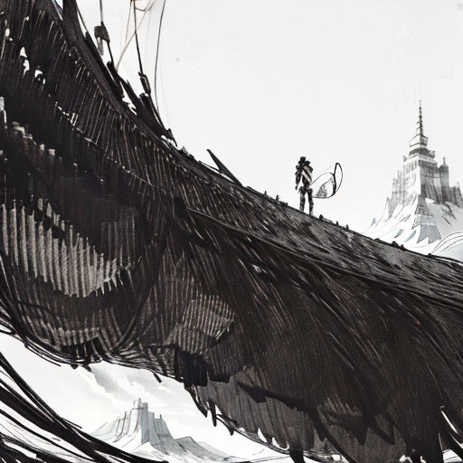 a man standing on top of a giant piece of art with a sky background and a tower in the distance