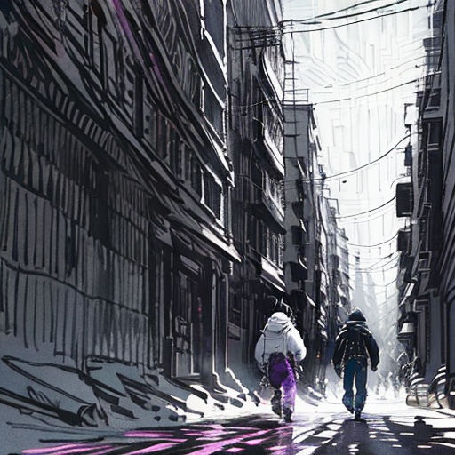 a couple of people walking down a street next to tall buildings with graffiti on them and a street light