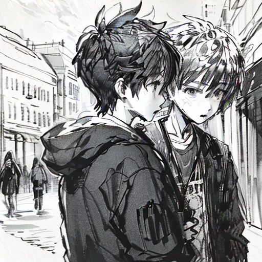 a couple of people standing next to each other on a street corner with buildings in the background and a person holding a cell phone