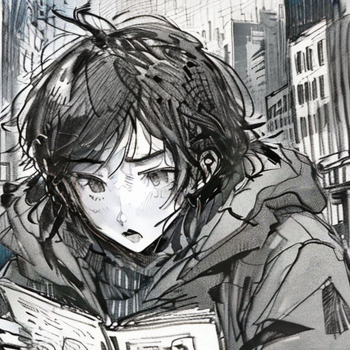 a drawing of a person reading a book in the city with buildings in the background and a person with a book in their hands