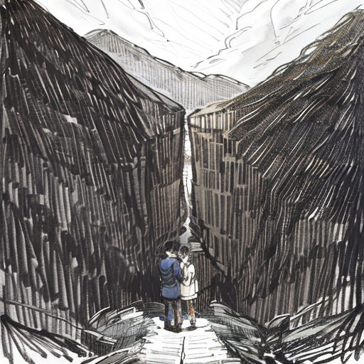a drawing of two people standing in a narrow alley between two buildings with mountains in the background and a sky line