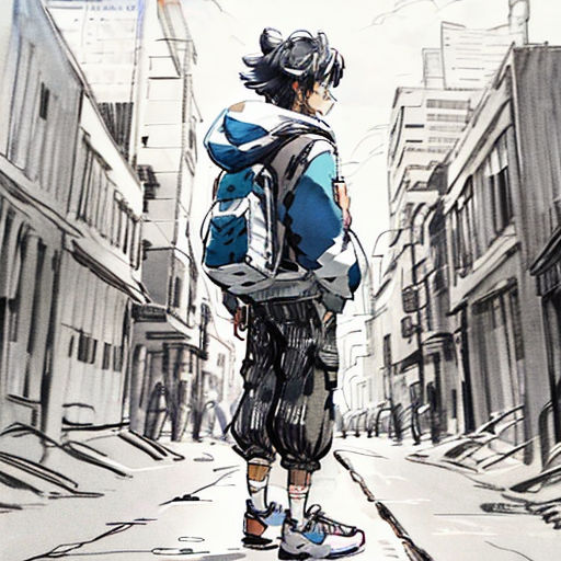 a man walking down a street next to tall buildings with a backpack on his back and a skateboard on his feet