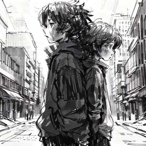 a couple of people standing next to each other on a street with buildings in the background and a sky line