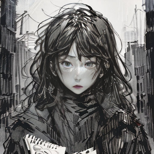a drawing of a girl holding a bag of chips in her hands and looking at the camera with a sad face