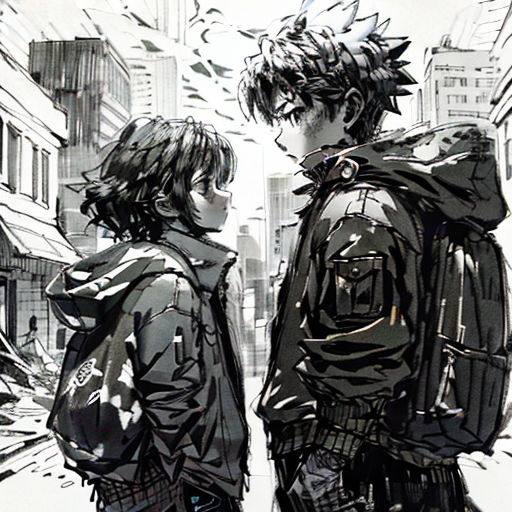 two people standing next to each other in front of a building with a broken window and a broken umbrella