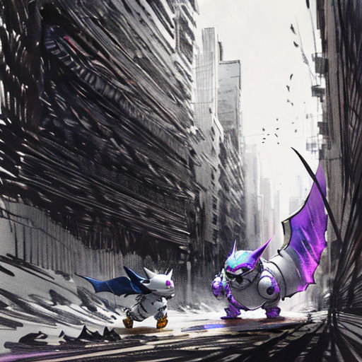 a couple of cartoon characters standing in a city street with buildings in the background and a purple dragon on the right
