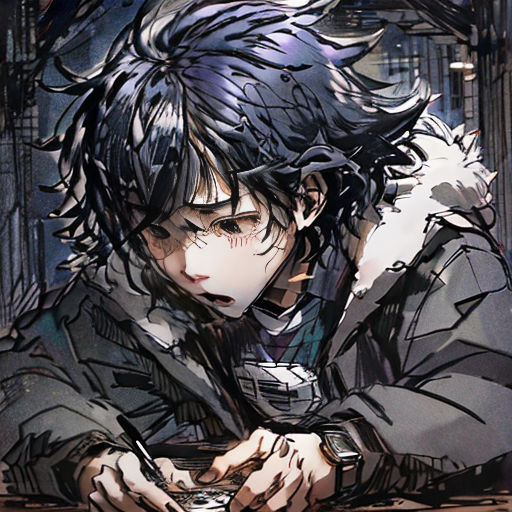 a man sitting at a table with a cell phone in his hand and a demon on his shoulder, with a demon on his shoulder