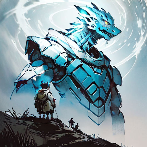 a painting of a robot and a man standing on a hill with a sky background and a dragon on it