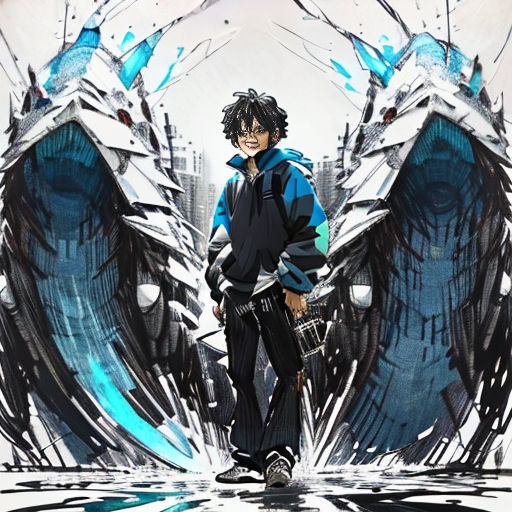 a man standing in front of a giant blue bird with wings on it's back and a guitar in his hand