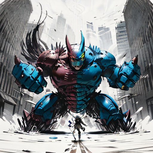 a giant robot with a huge body and horns on it's back, standing in front of a city