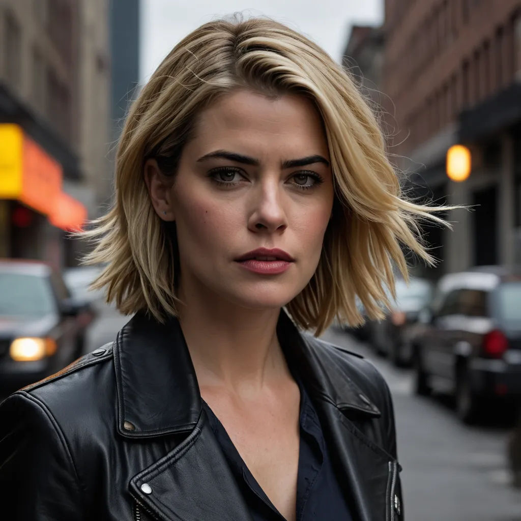 a woman with a black jacket on a city street with cars in the background and a woman with a black shirt on, serial art, a character portrait, Anne Ryan, promotional image