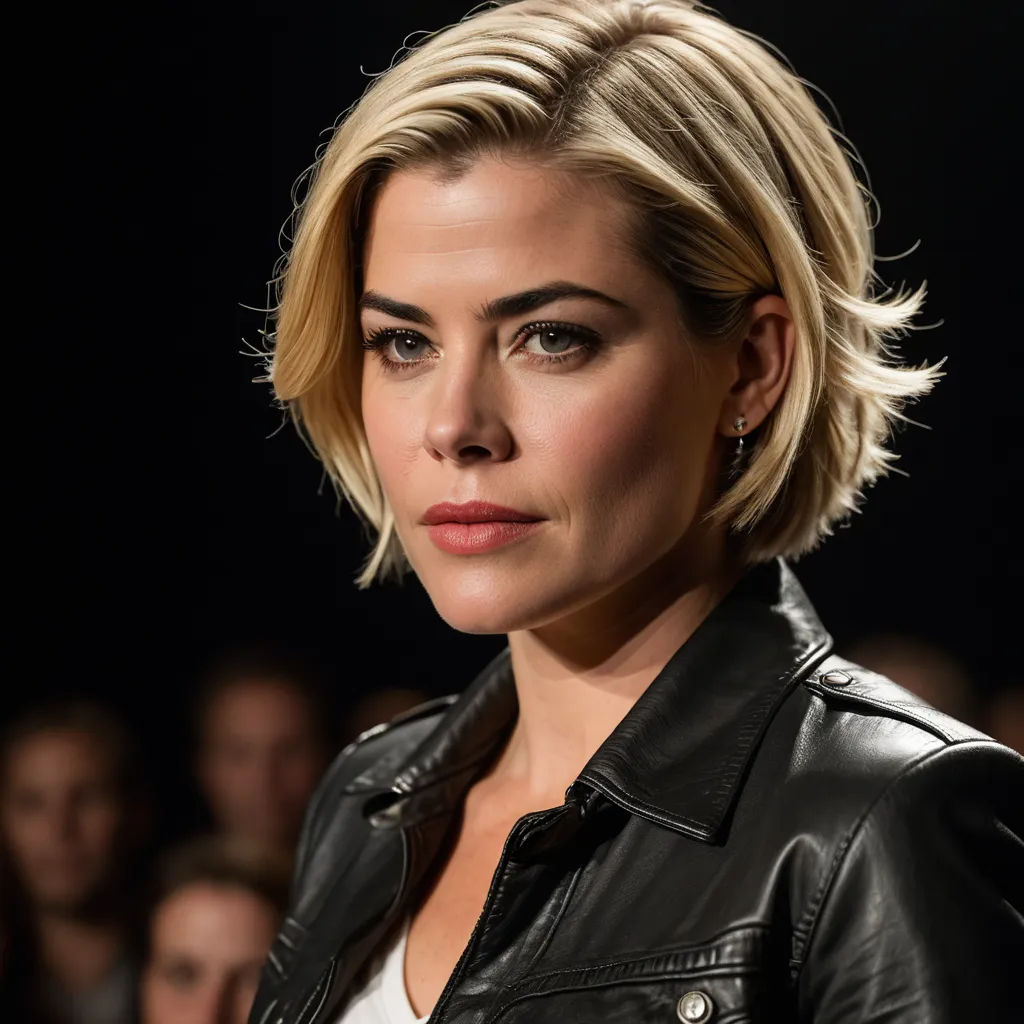 a woman with a black leather jacket on a runway looking at the camera with a crowd in the background, de stijl, a character portrait, Anna Maria Barbara Abesch, promotional image