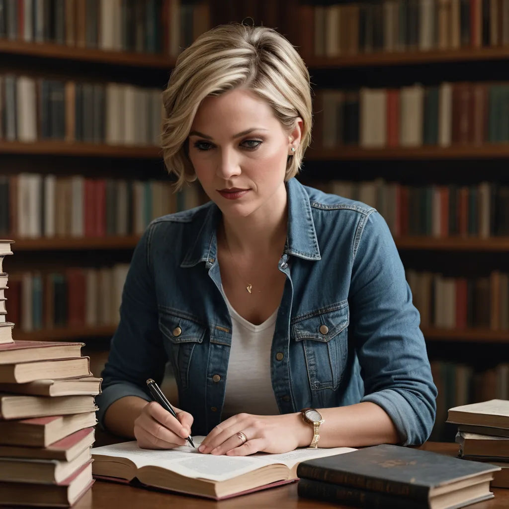 a woman sitting at a table with a stack of books and a pen in her hand and a stack of books behind her, academic art, a character portrait, Christian Hilfgott Brand, promotional image
