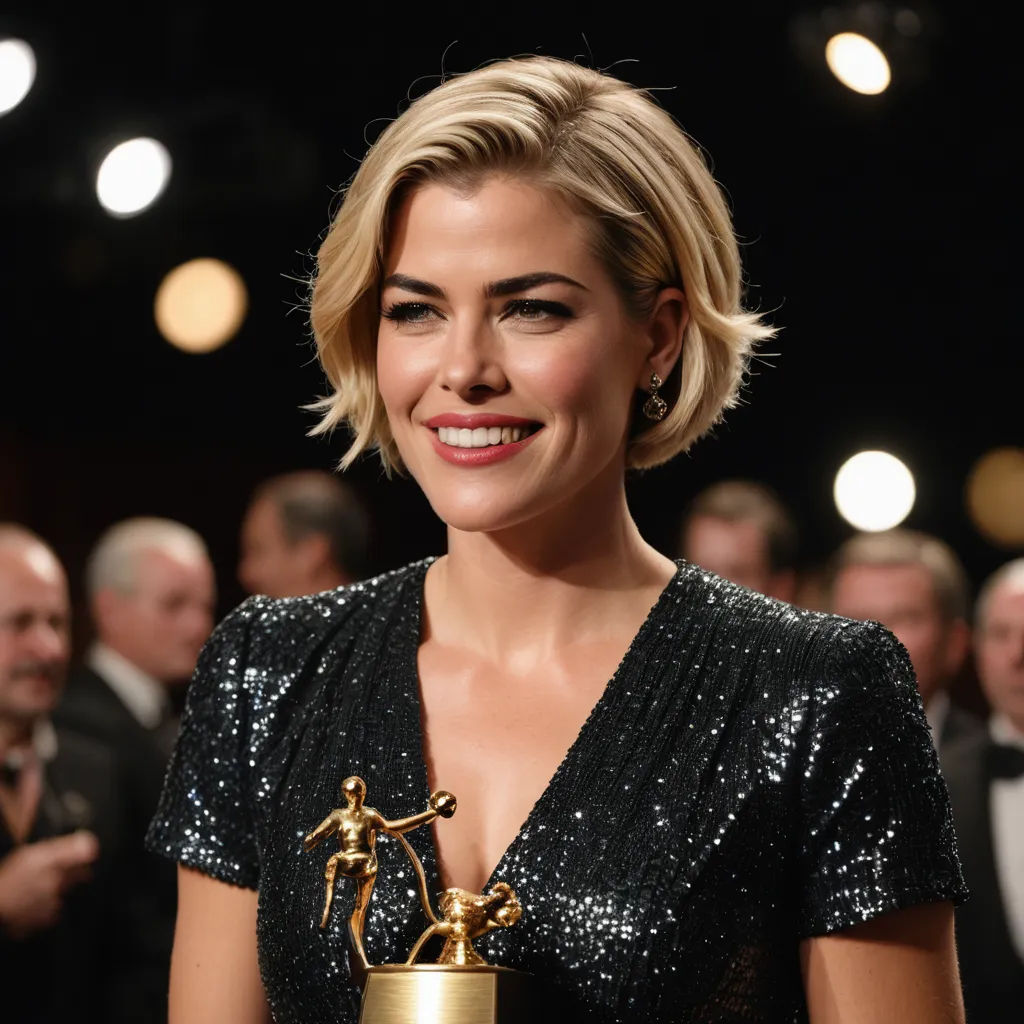 a woman holding a golden trophy in a room with people in the background at a gala event or awards ceremony, figurativism, a bronze sculpture, Christen Købke, award