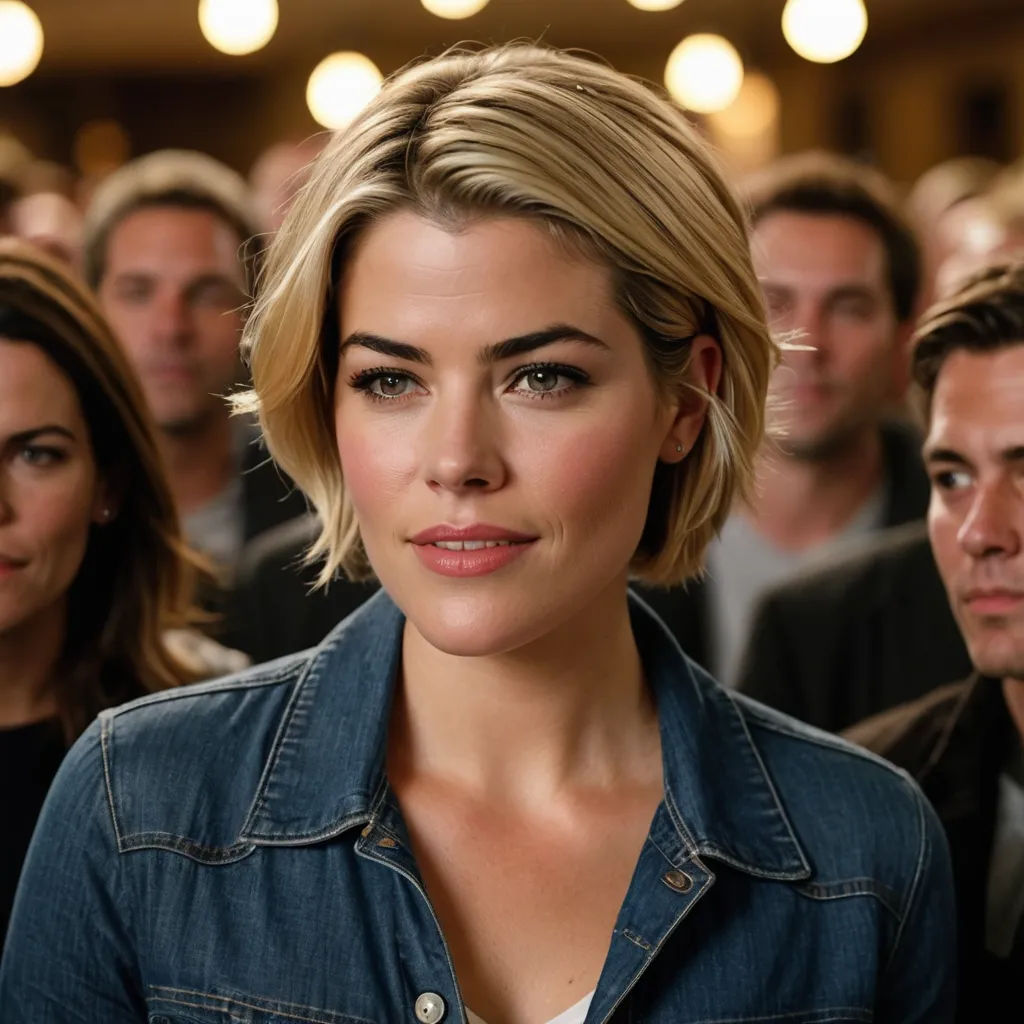 a woman with a denim jacket standing in front of a crowd of people in a room with lights on, antipodeans, a character portrait, Eve Ryder, promotional image