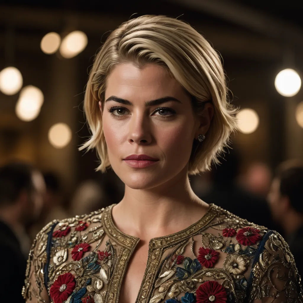 a woman with blonde hair and a floral dress looks at the camera with a serious look on her face, renaissance, a character portrait, Eve Ryder, promotional image