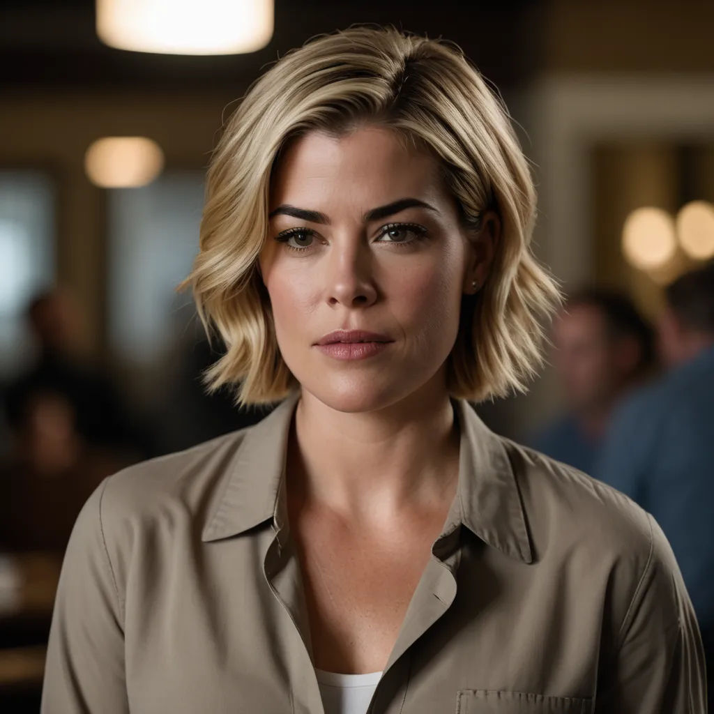 a woman with blonde hair and a button up shirt looks at the camera while standing in a restaurant with people in the background, american realism, a character portrait, Eve Ryder, promotional image
