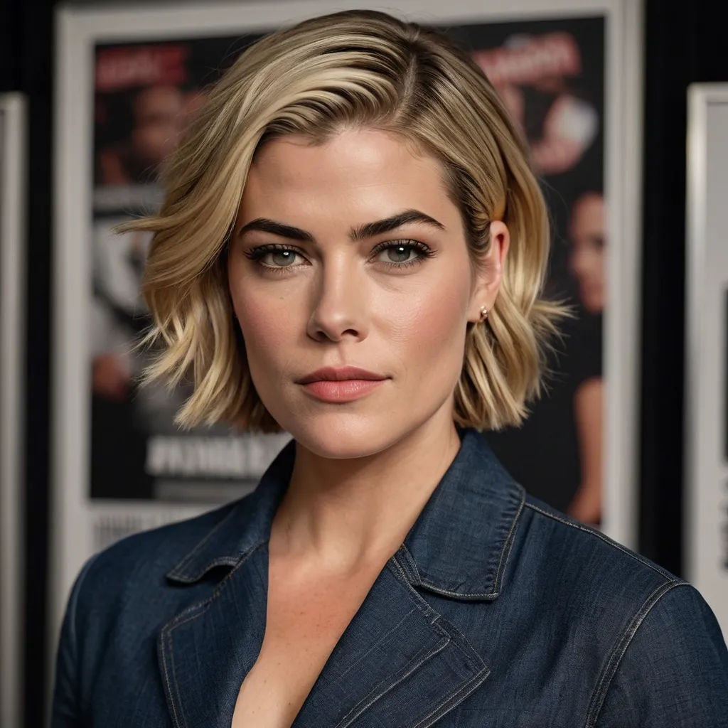 a woman with a short haircut and a blue shirt is posing for a picture in front of a movie poster, private press, a character portrait, Anna Maria Barbara Abesch, promotional image