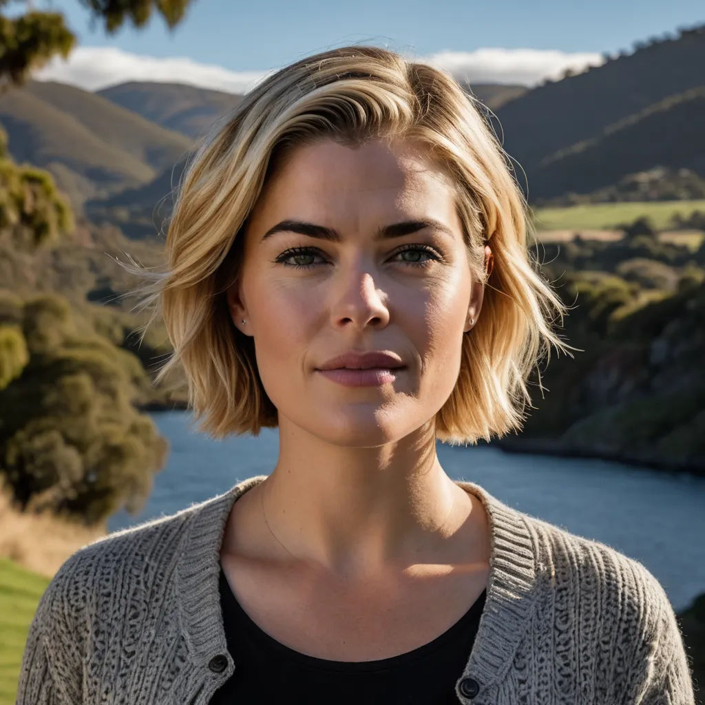 a woman with blonde hair and a black shirt is standing in front of a river and mountains with a sky background, naturalism, a character portrait, Christabel Dennison, promotional image