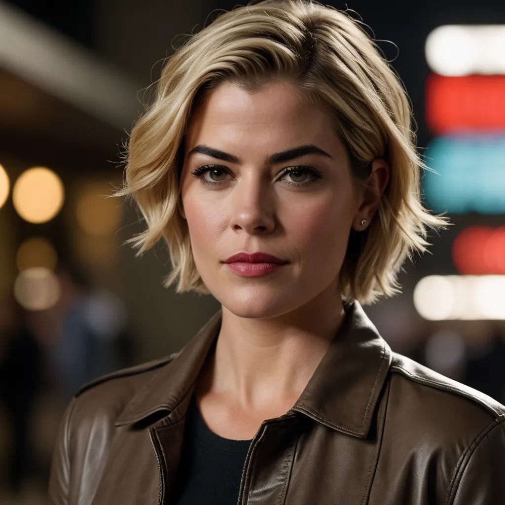 a woman with a brown jacket and a black shirt is looking at the camera and is looking at the camera, cobra, a character portrait, Eve Ryder, promotional image