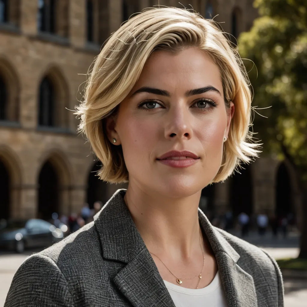 a woman in a suit and a white shirt is standing in front of a building with a clock tower, private press, a character portrait, Alison Debenham, promotional image