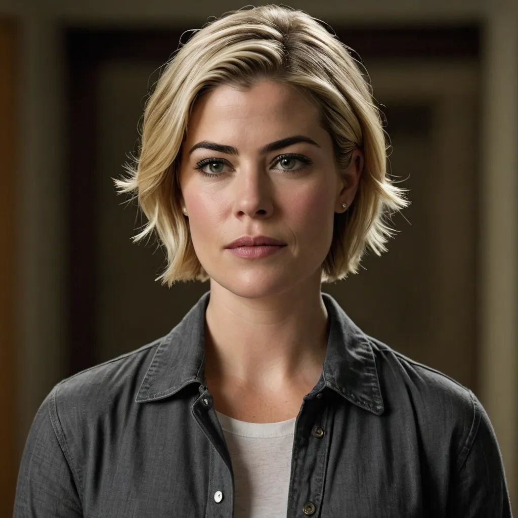 a woman with a short blond haircut and a white shirt is looking at the camera with a serious look on her face, antipodeans, a character portrait, Eve Ryder, promotional image