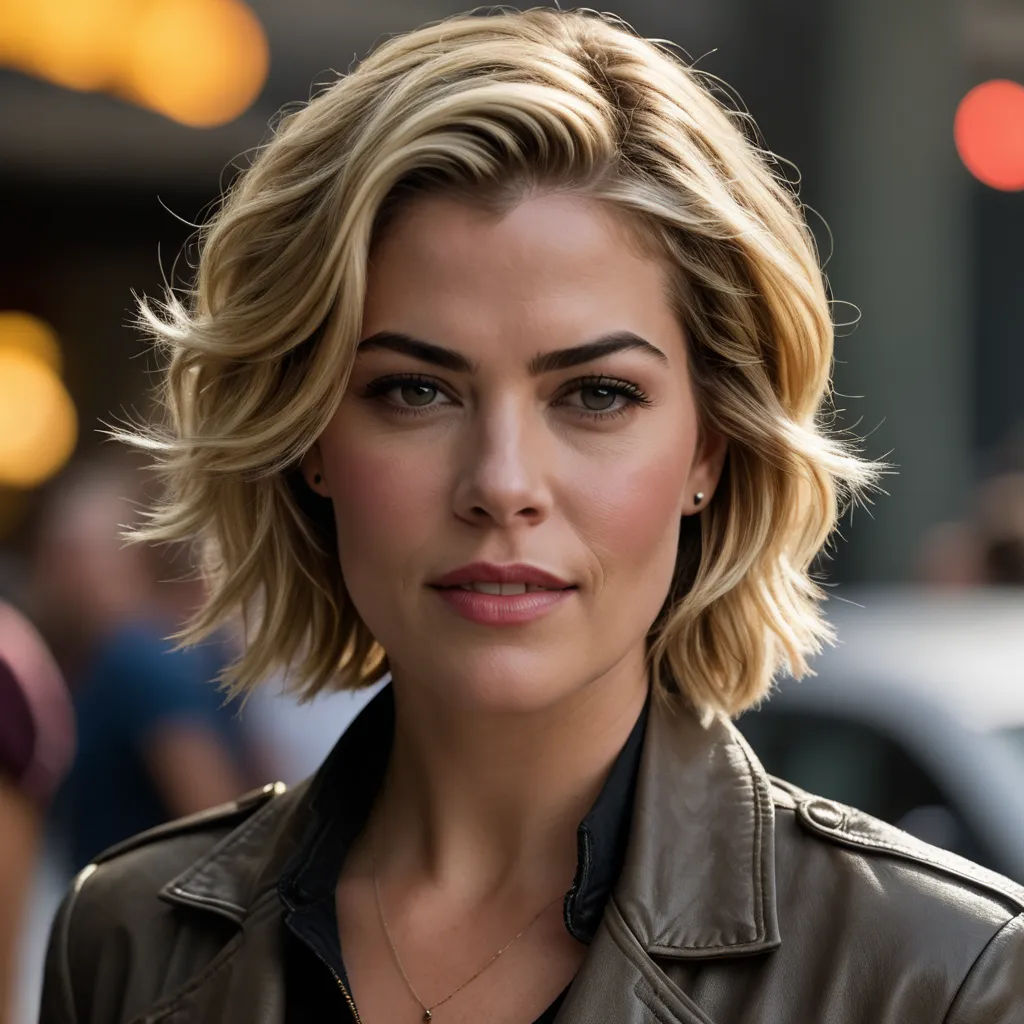 a woman with a short haircut and a leather jacket on is looking at the camera and smiling at the camera, cloisonnism, a character portrait, Anna Maria Barbara Abesch, promotional image