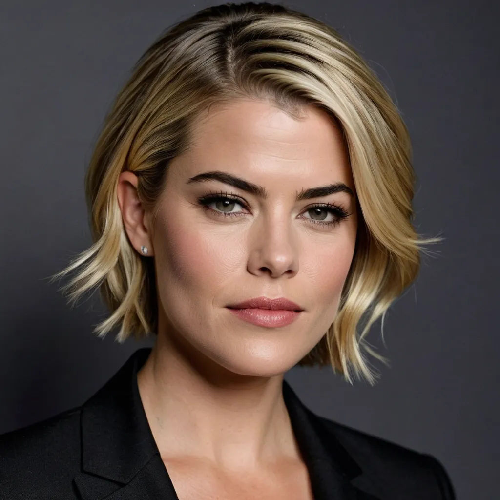 a woman with a short blond bobble haircut and a black blazer jacket on a gray background, private press, a character portrait, Anna Maria Barbara Abesch, promotional image