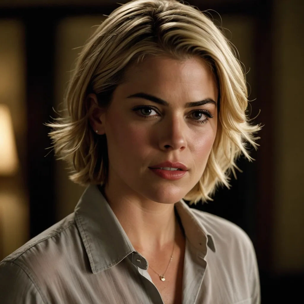 a woman with blonde hair and a shirt on looking at the camera with a serious look on her face, naturalism, a character portrait, Eve Ryder, promotional image