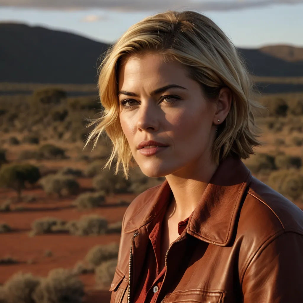 a woman in a brown jacket is standing in a desert area with mountains in the background and a cloudy sky, naturalism, a character portrait, Eve Ryder, promotional image