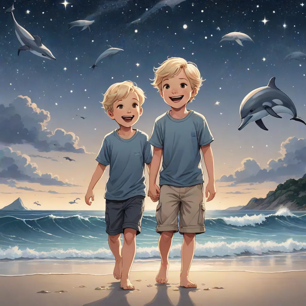 two boys standing on a beach with dolphins in the background and a sky full of stars and dolphins in the background, rayonism, a storybook illustration, Brothers Hildebrandt, official art