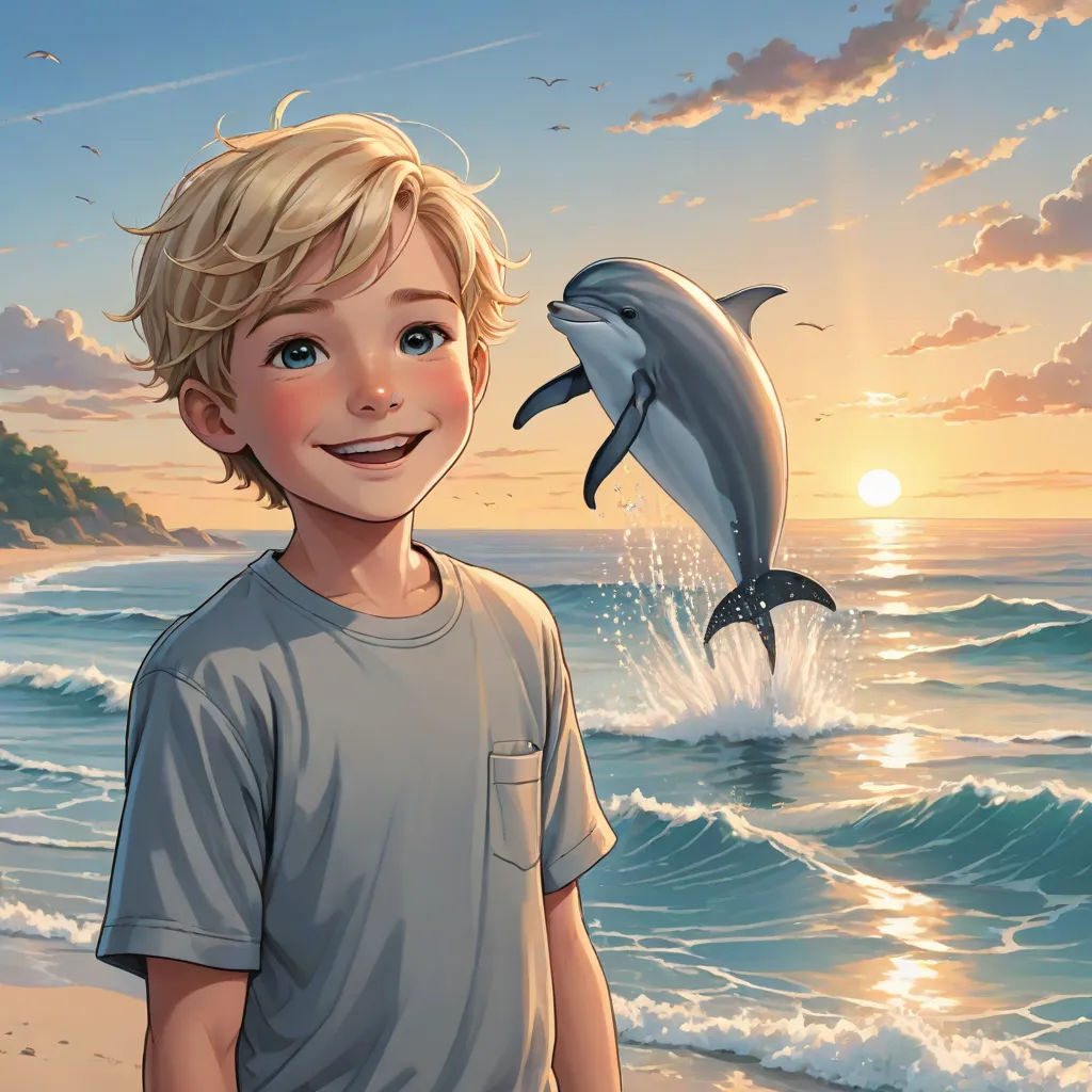 a boy standing on a beach next to a dolphin and a dolphin jumping out of the water at sunset, magic realism, a storybook illustration, Cliff Childs, official art