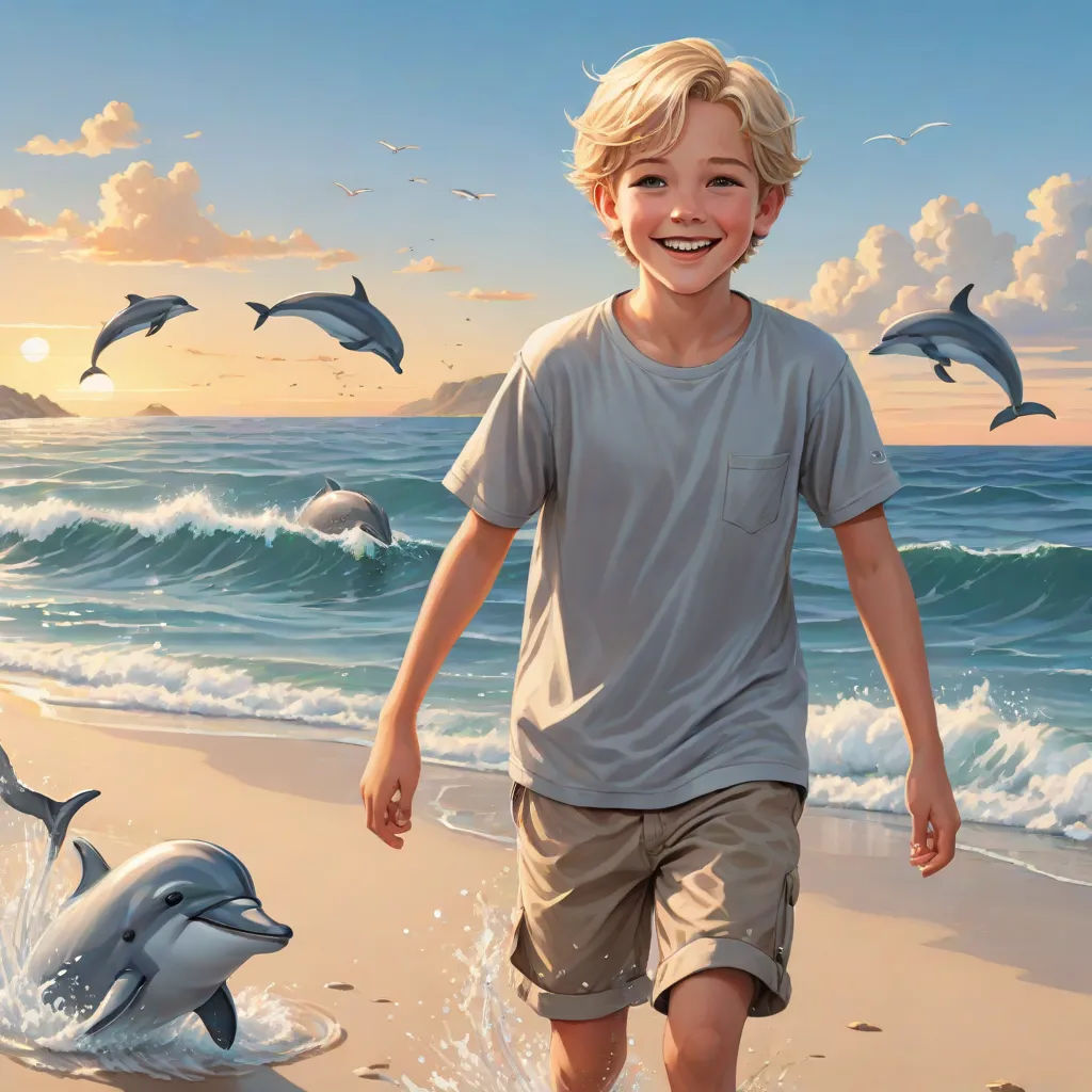 a boy walking on the beach with dolphins in the background and a painting of him smiling and running behind him, magic realism, a storybook illustration, Aaron Jasinski, stanley artgerm lau