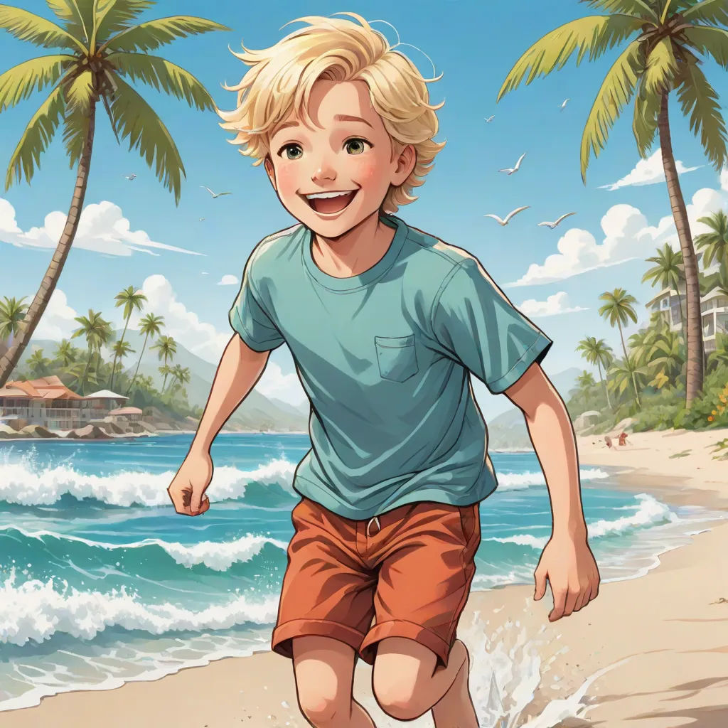 a boy running on the beach with palm trees in the background and a blue sky in the background with clouds, sots art, a comic book panel, Cliff Childs, official art