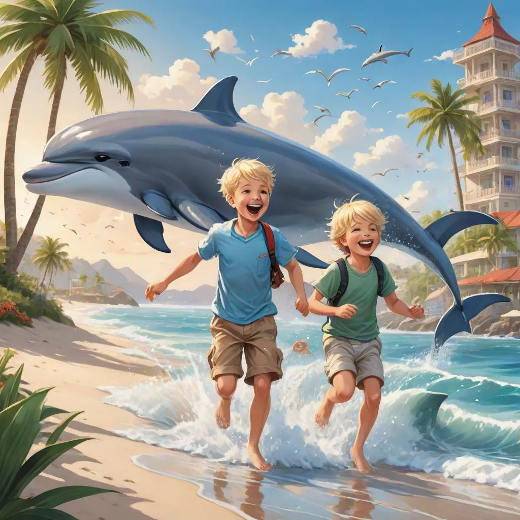 two children running on the beach with a dolphin in the background and a hotel in the background with palm trees, photorealism, a detailed painting, Brothers Hildebrandt, official art