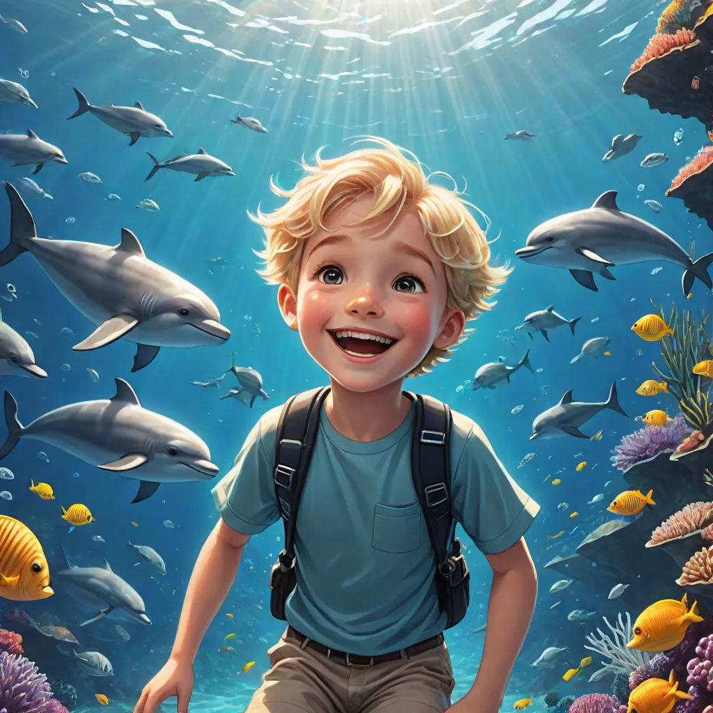 a boy is smiling while standing in front of a painting of dolphins and other fish in the ocean with sunlight streaming through the water, photorealism, a storybook illustration, Cliff Childs, rossdraws global illumination