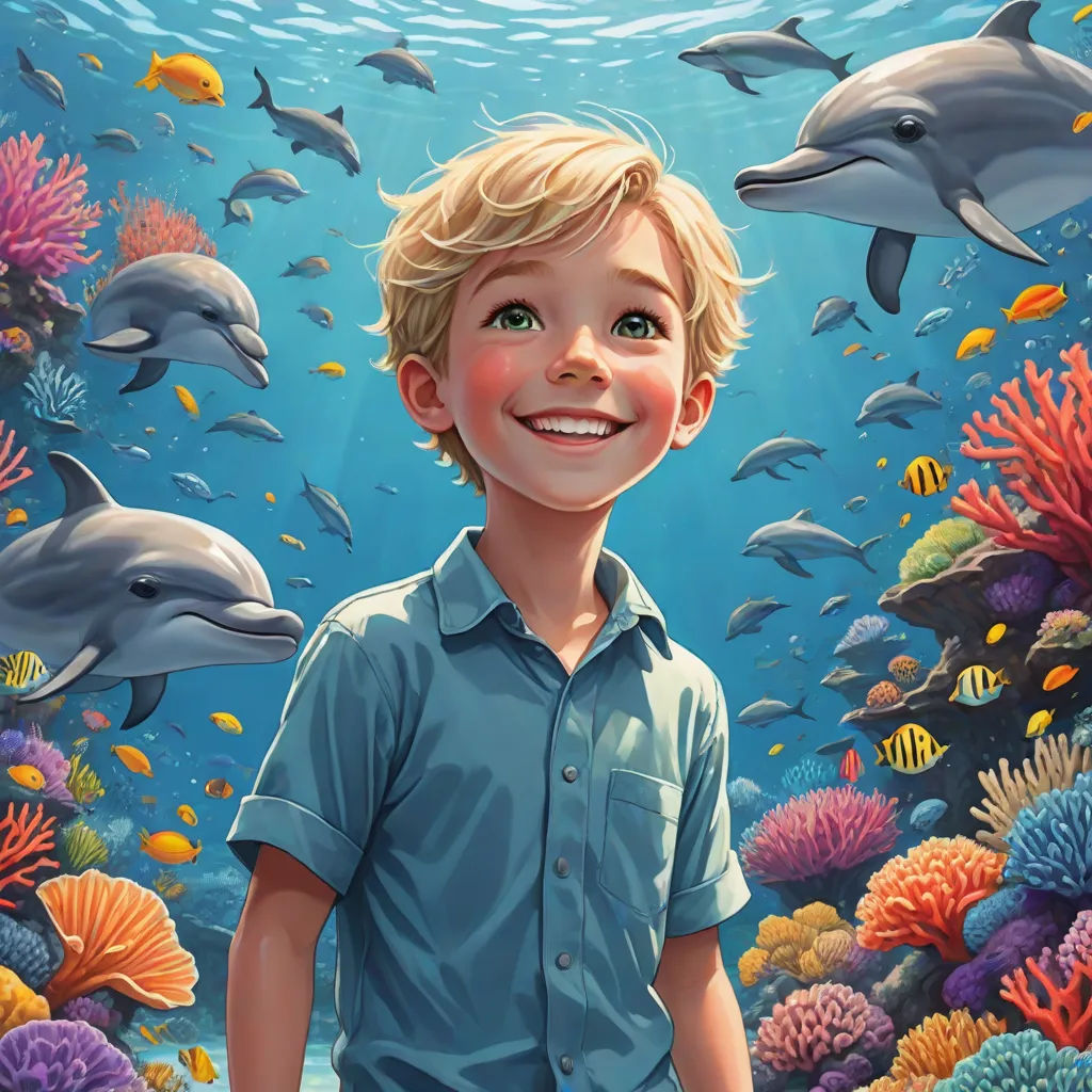 a boy standing in front of a painting of dolphins and corals with a dolphin in the background and a boy smiling, fantasy art, a storybook illustration, Aaron Jasinski, rossdraws global illumination