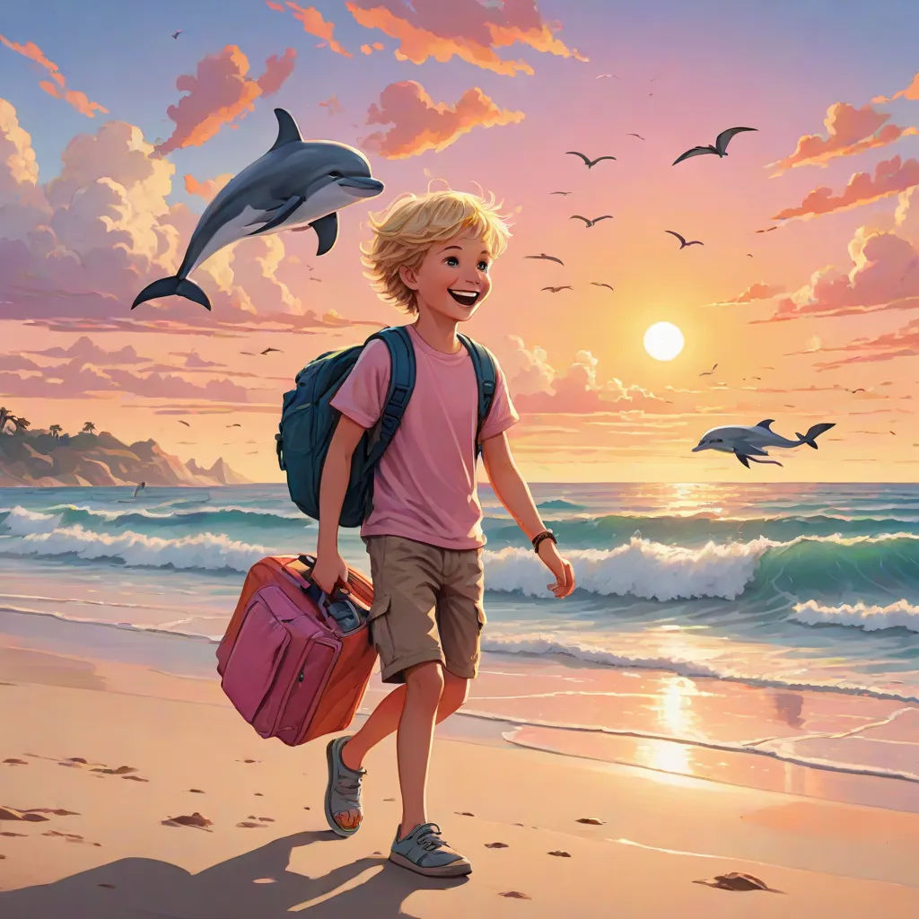 a boy with a suitcase and a dolphin in the background on the beach at sunset with a dolphin in the background, fantasy art, a storybook illustration, Aaron Jasinski, official art